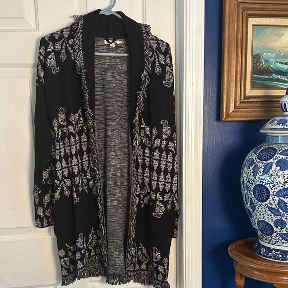 Chico's Sweaters - Women Chico’s Medallion Print Black & White Fringe Shawl Cardigan